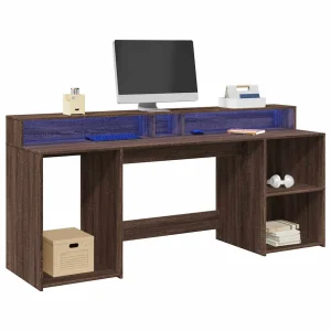 Bureau et lumières LED 200 x 55 x 91 cm chêne marron bois d'ingénierie – vue d’ensemble