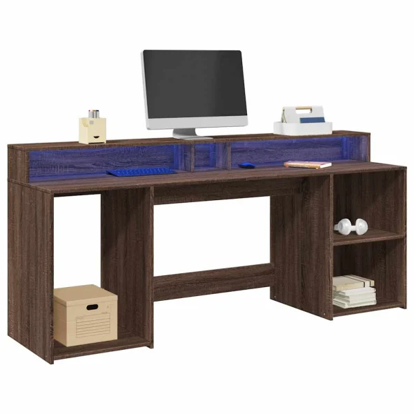 Bureau et lumières LED 200 x 55 x 91 cm chêne marron bois d'ingénierie – vue d’ensemble