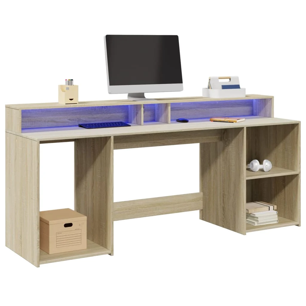 Bureau avec lumières LED 200 x 55 x 91 cm chêne sonoma bois d'ingénierie – vue d’ensemble