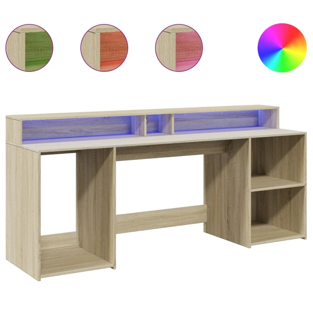 Bureau avec lumières LED 200 x 55 x 91 cm chêne sonoma bois d'ingénierie – vue de côté