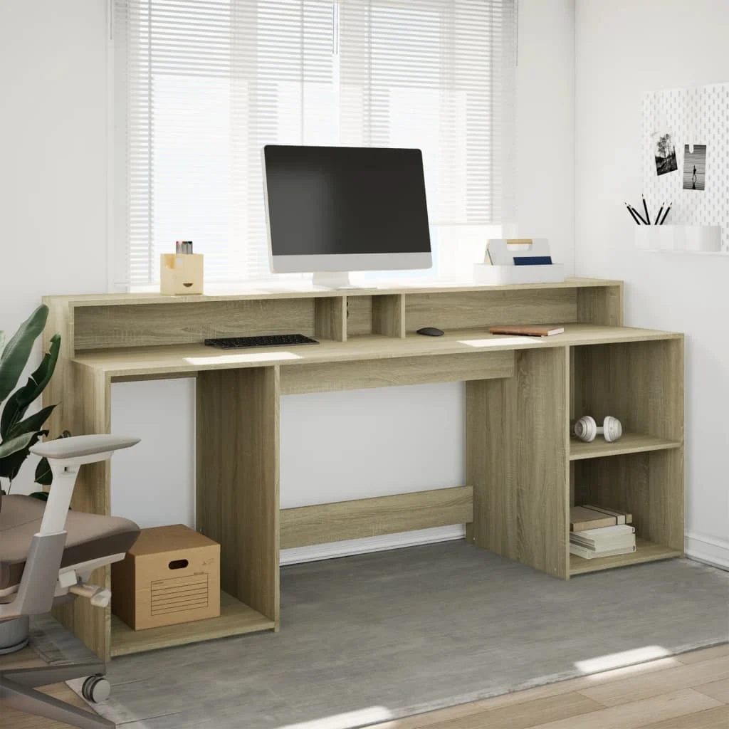 Bureau avec lumières LED 200 x 55 x 91 cm chêne sonoma bois d'ingénierie – vue de détail