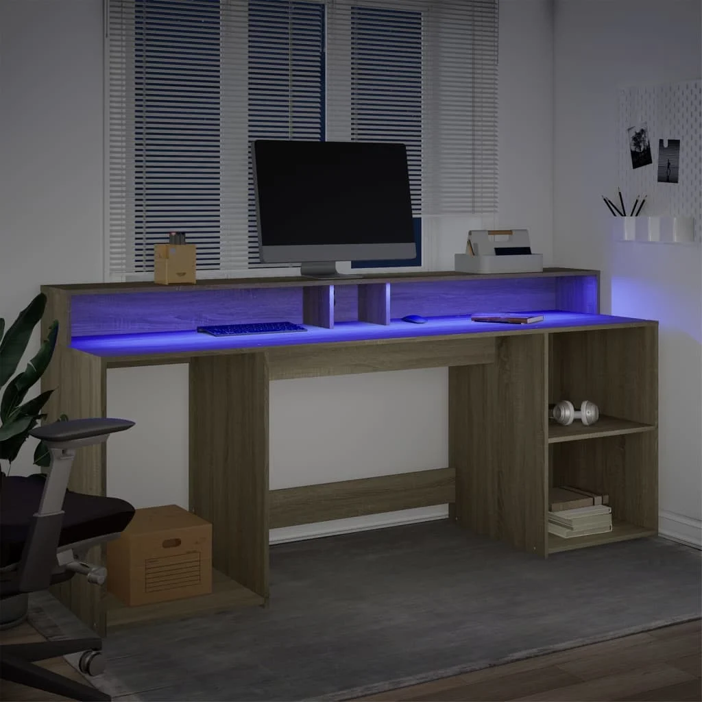 Bureau avec lumières LED 200 x 55 x 91 cm chêne sonoma bois d'ingénierie – vue en situation