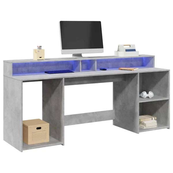 Bureau et lumières LED 200 x 55 x 91 cm gris béton bois d'ingénierie – vue d’ensemble