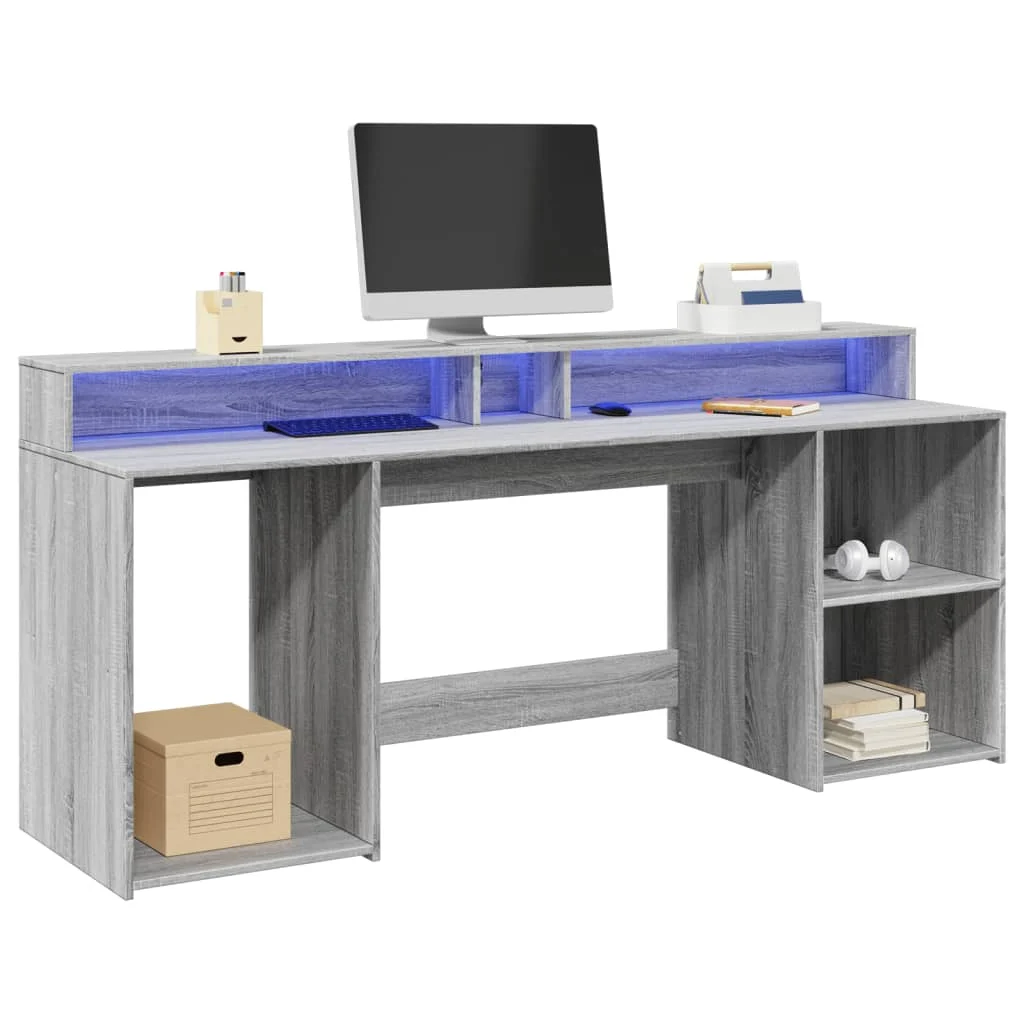 Bureau et lumières LED 200 x 55 x 91 cm sonoma gris bois d'ingénierie – vue d’ensemble