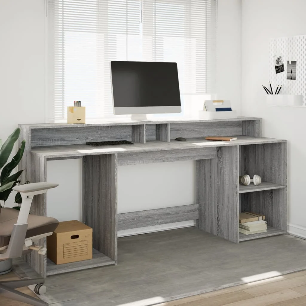 Bureau et lumières LED 200 x 55 x 91 cm sonoma gris bois d'ingénierie – vue de détail