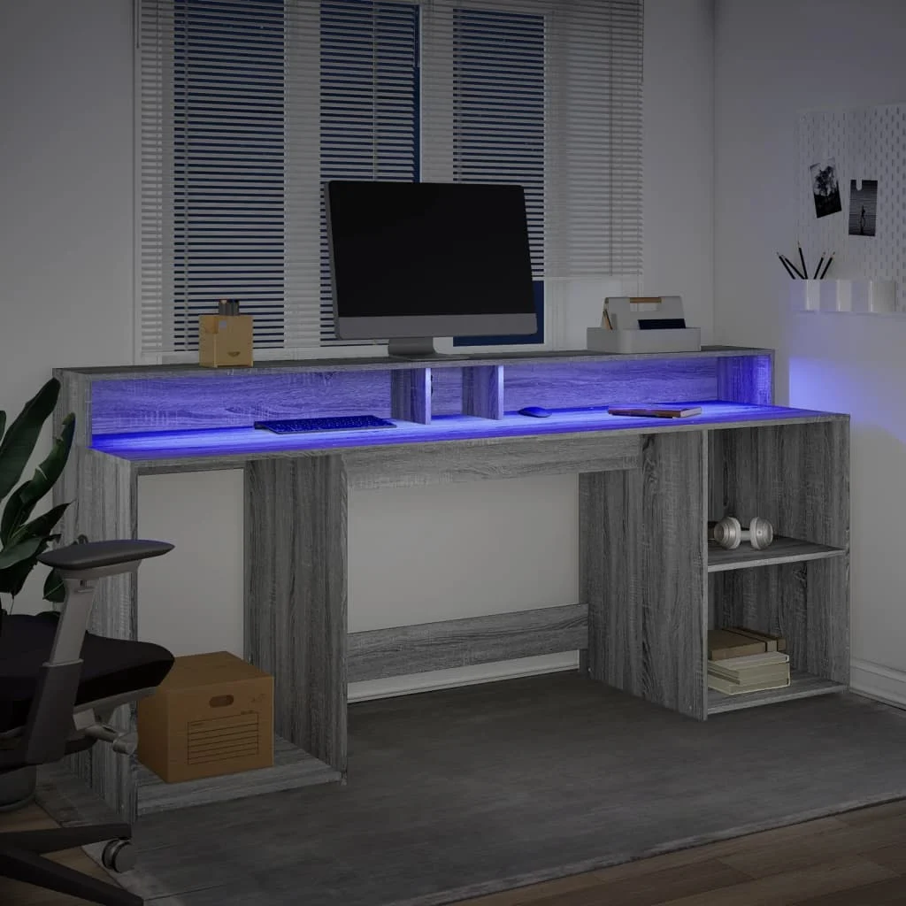 Bureau et lumières LED 200 x 55 x 91 cm sonoma gris bois d'ingénierie – vue en situation