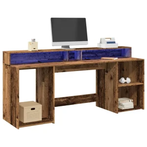Bureau avec lumières LED 200 x 55 x 91 cm vieux bois bois d'ingénierie – vue d’ensemble