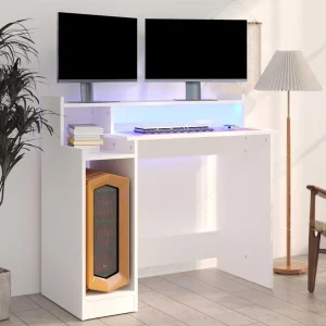 Bureau avec lumières LED 97 x 45 x 90 cm blanc bois d'ingénierie – vue d’ensemble