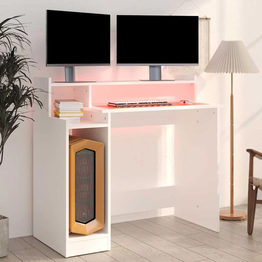 Bureau avec lumières LED 97 x 45 x 90 cm blanc bois d'ingénierie – vue en situation