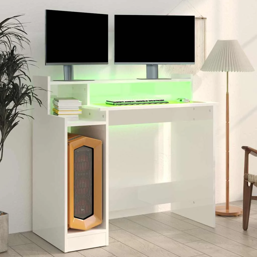 Bureau lumières LED 97 x 45 x 90 cm blanc brillant bois d'ingénierie – vue de détail