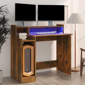 Bureau et lumières LED 97 x 45 x 90 cm chêne fumé bois d'ingénierie – vue d’ensemble