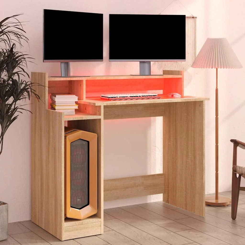 Bureau avec lumières LED 97 x 45 x 90 cm chêne sonoma bois d'ingénierie – vue en situation