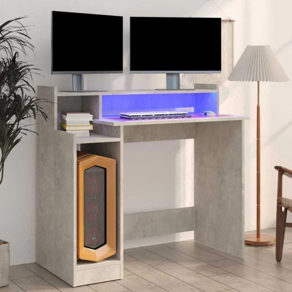 Bureau et lumières LED 97 x 45 x 90 cm gris béton bois d'ingénierie – vue d’ensemble