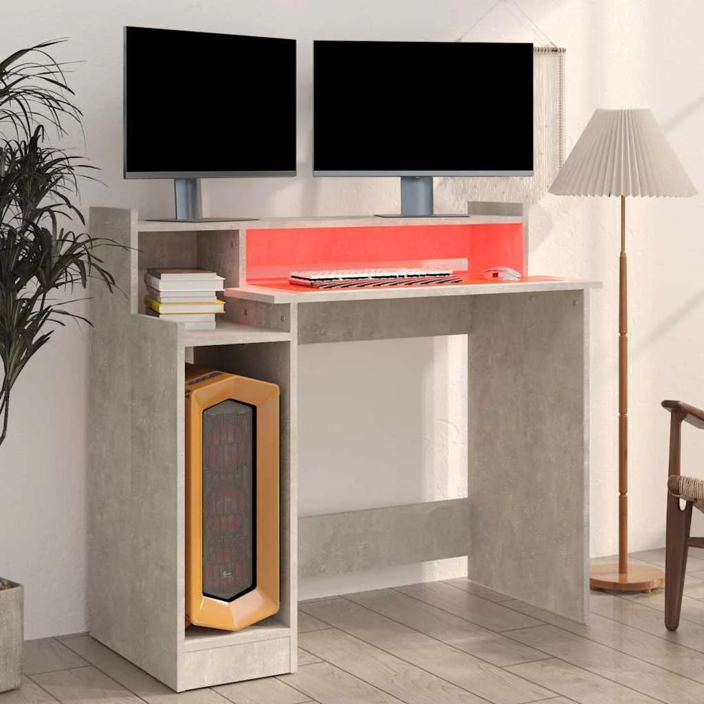 Bureau et lumières LED 97 x 45 x 90 cm gris béton bois d'ingénierie – vue de détail