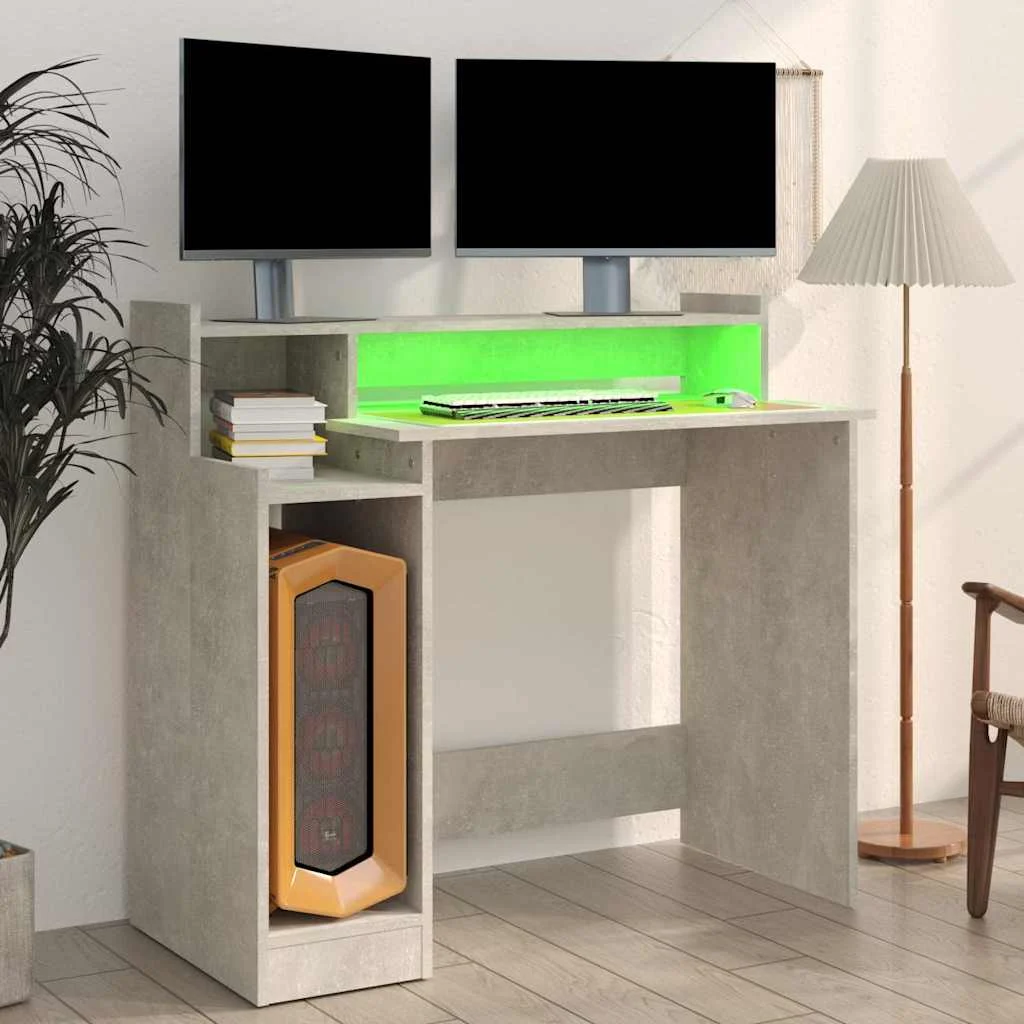Bureau et lumières LED 97 x 45 x 90 cm gris béton bois d'ingénierie – vue en situation