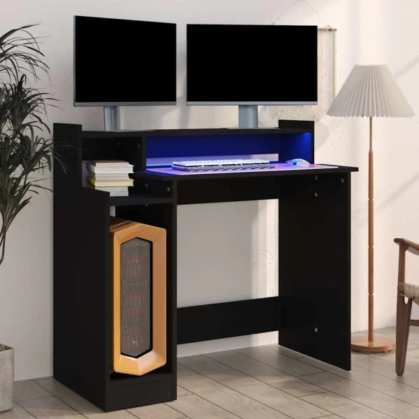 Bureau avec lumières LED 97 x 45 x 90 cm noir bois d'ingénierie – vue d’ensemble