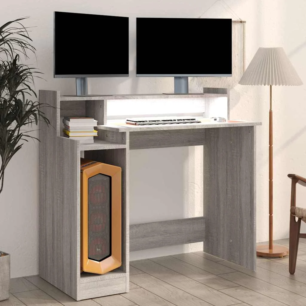 Bureau et lumières LED 97 x 45 x 90 cm sonoma gris bois d'ingénierie – vue de dessus