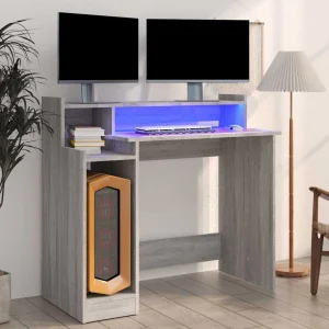 Bureau et lumières LED 97 x 45 x 90 cm sonoma gris bois d'ingénierie – vue d’ensemble