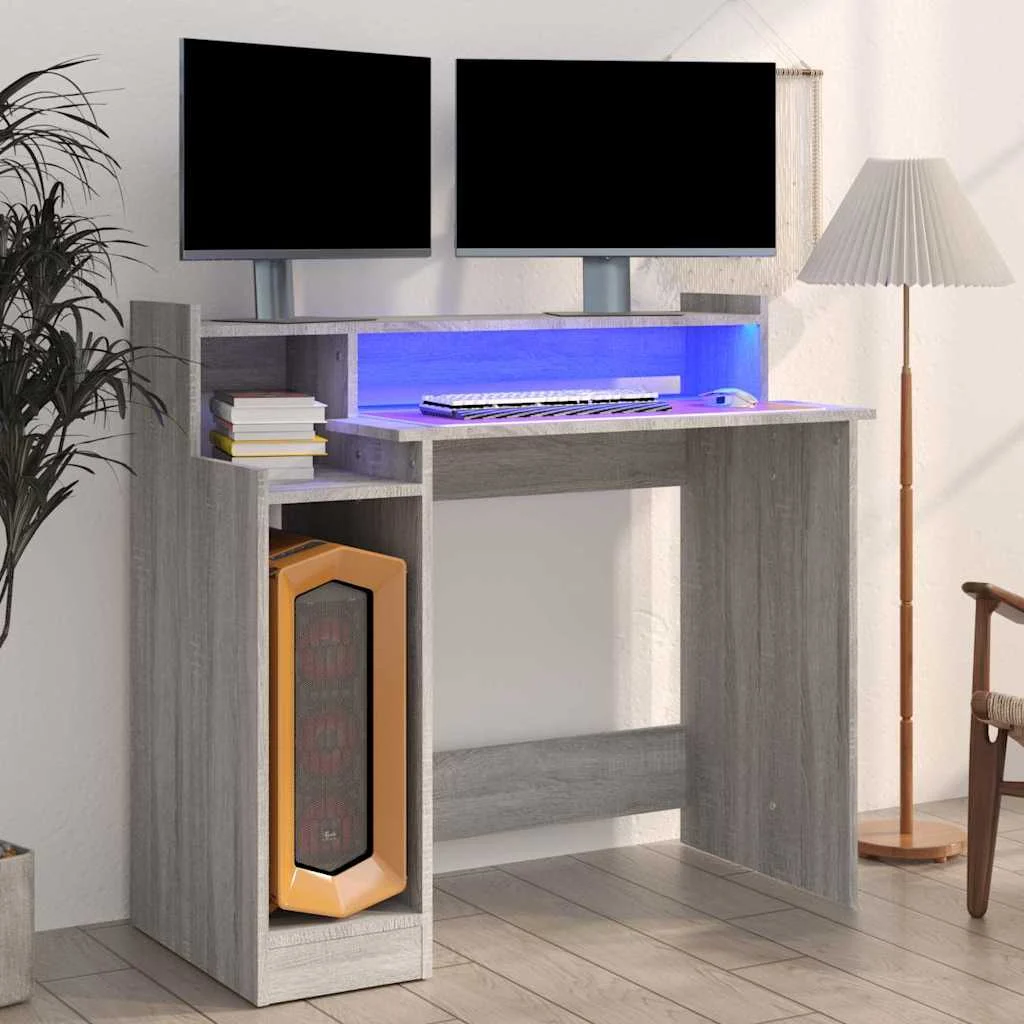 Bureau et lumières LED 97 x 45 x 90 cm sonoma gris bois d'ingénierie – vue d’ensemble