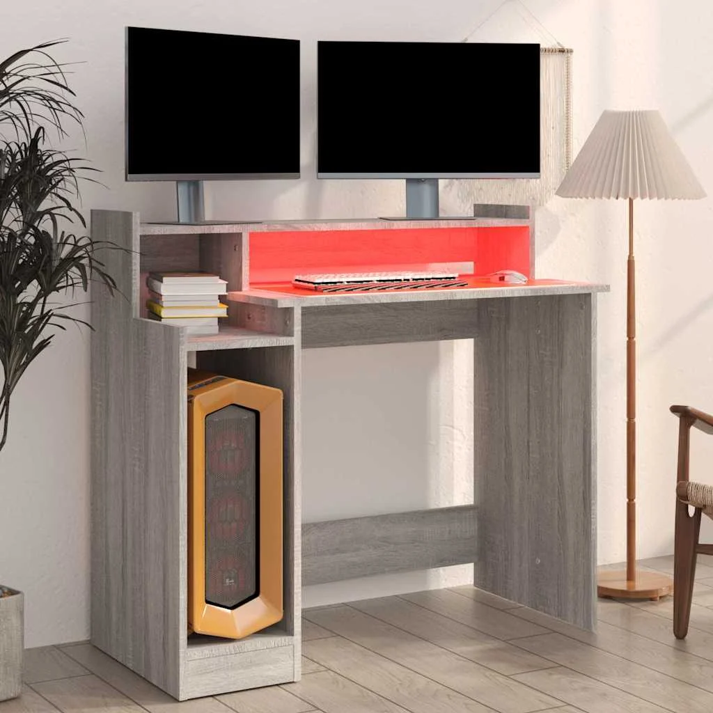 Bureau et lumières LED 97 x 45 x 90 cm sonoma gris bois d'ingénierie – vue de détail