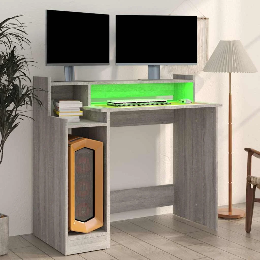Bureau et lumières LED 97 x 45 x 90 cm sonoma gris bois d'ingénierie – vue en situation