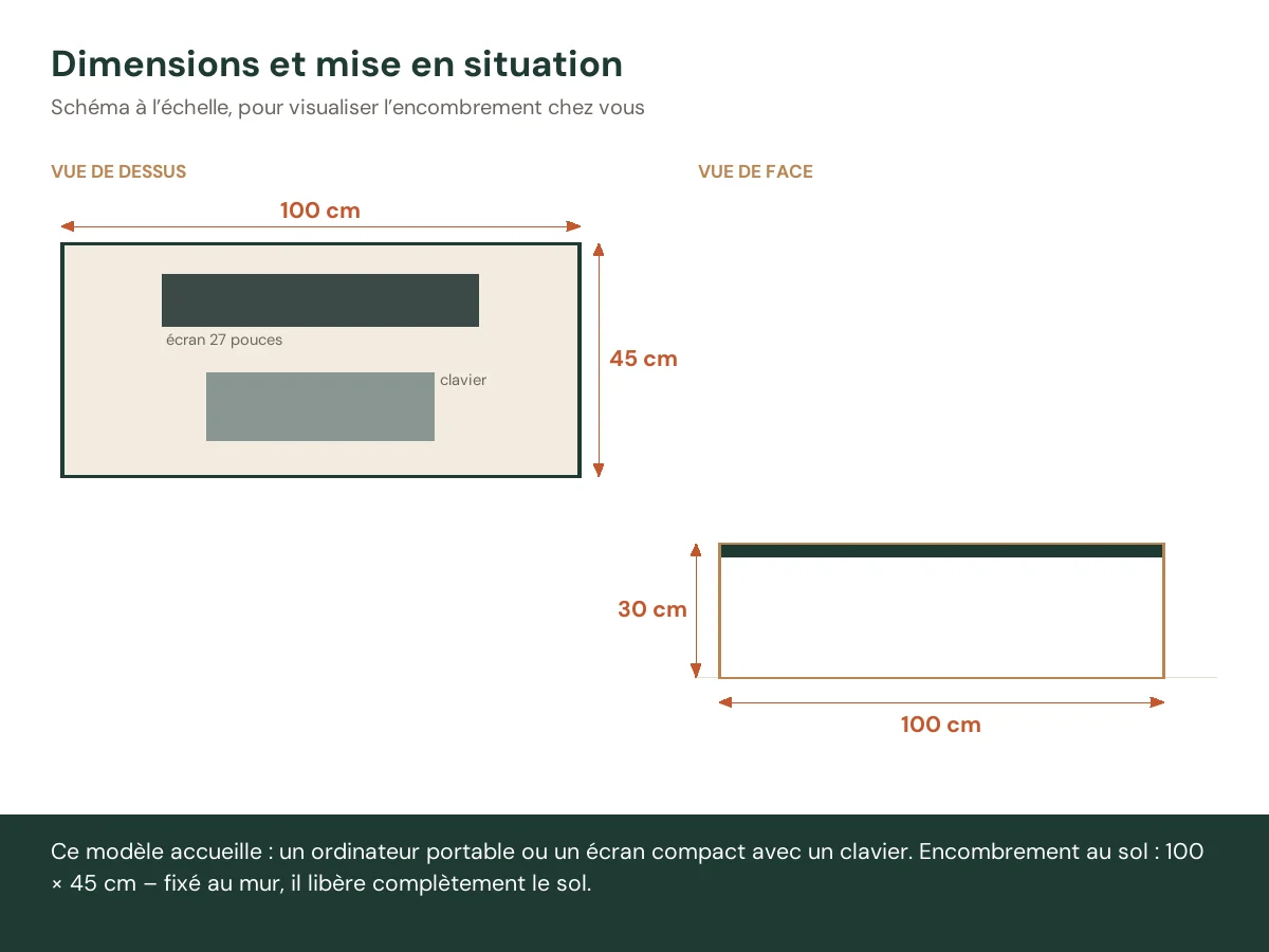 Bureau mural 100 x 45 x 30 cm chêne fumé bois d'ingénierie – vue de face