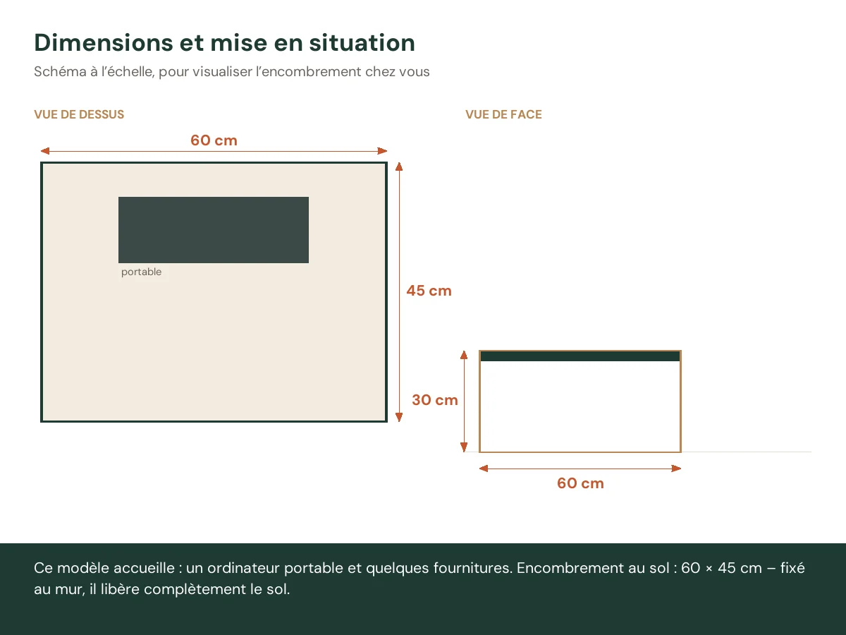 Bureau mural 60 x 45 x 30 cm chêne noir bois d'ingénierie – vue de face