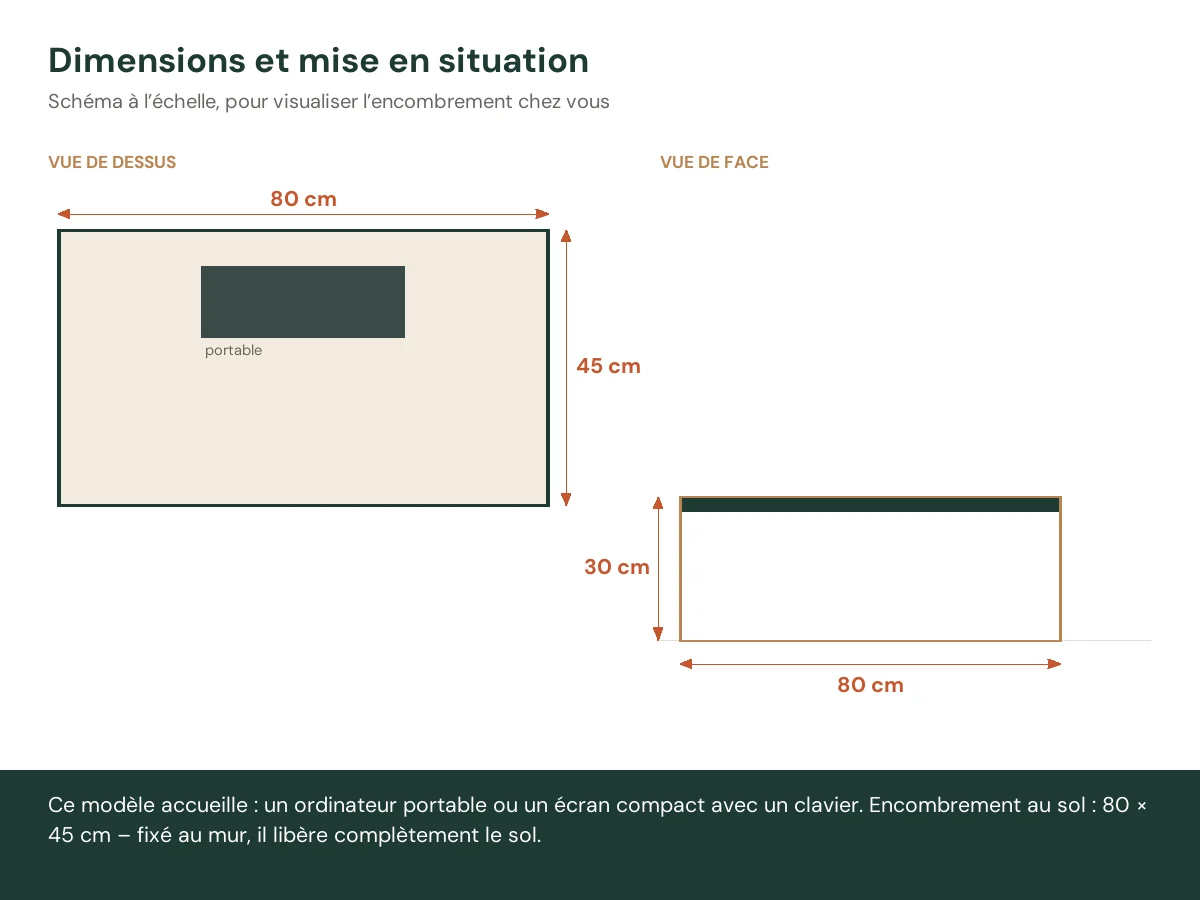 Bureau mural 80 x 45 x 30 cm chêne noir bois d'ingénierie – vue de face