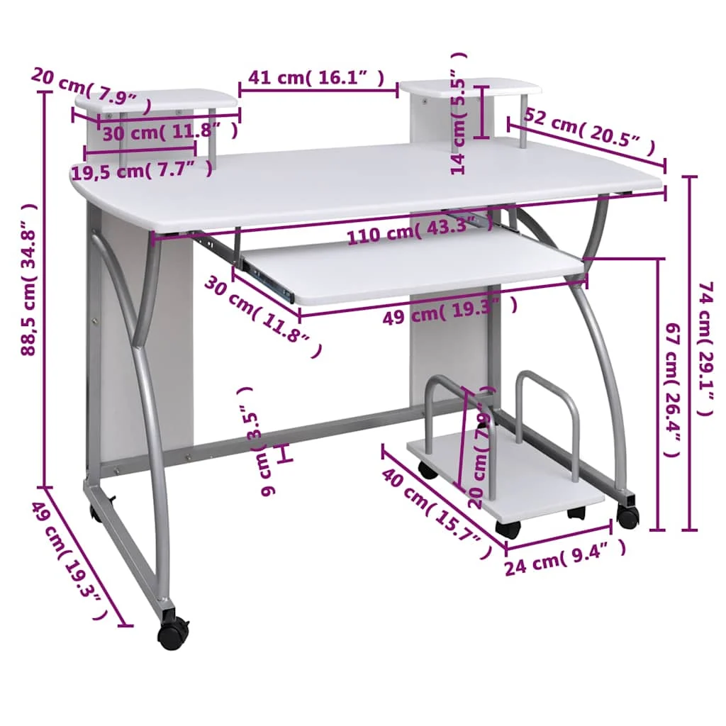 Bureau d'ordinateur 110 x 52 x 88,5 cm blanc bois d'ingénierie – vue de dessus