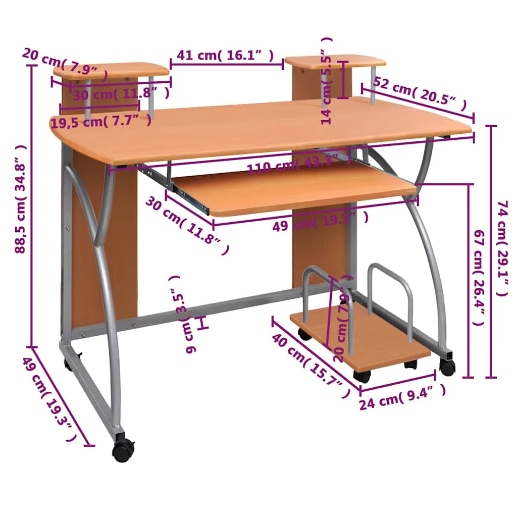 Bureau d'ordinateur 110 x 52 x 88,5 cm marron bois d'ingénierie – vue de dessus