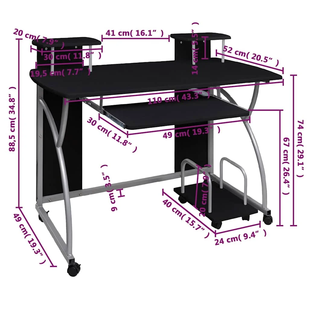 Bureau d'ordinateur 110 x 52 x 88,5 cm noir bois d'ingénierie – vue de dessus