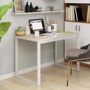 Bureau d'ordinateur 110 x 60 x 73 cm blanc et chêne aggloméré – vue d’ensemble