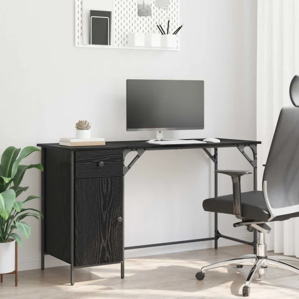 Bureau d'ordinateur 131 x 48 x 75 cm chêne noir bois d'ingénierie – vue d’ensemble