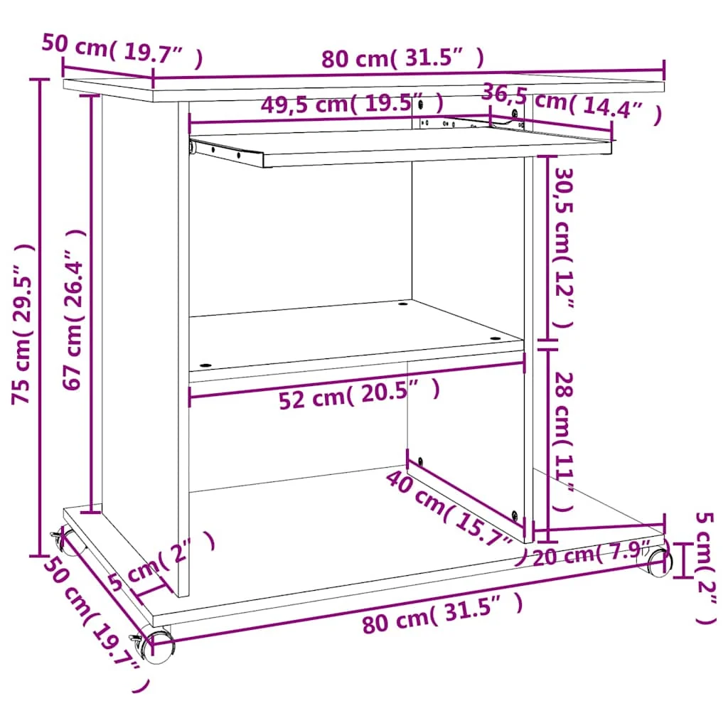 Bureau d'ordinateur 80 x 50 x 75 cm blanc bois d'ingénierie – vue de dos