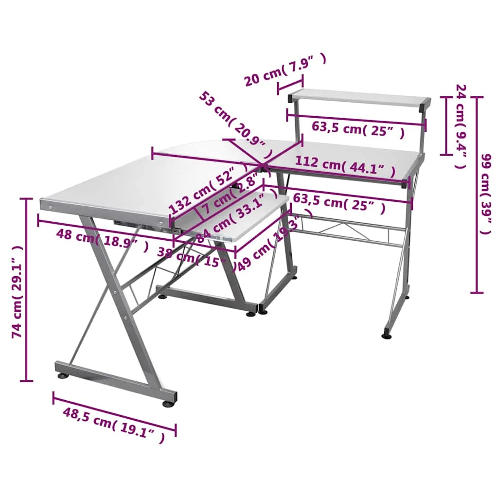 Bureau d'ordinateur d'angle 132 x 112 x 99 cm blanc bois d'ingénierie – vue de dos