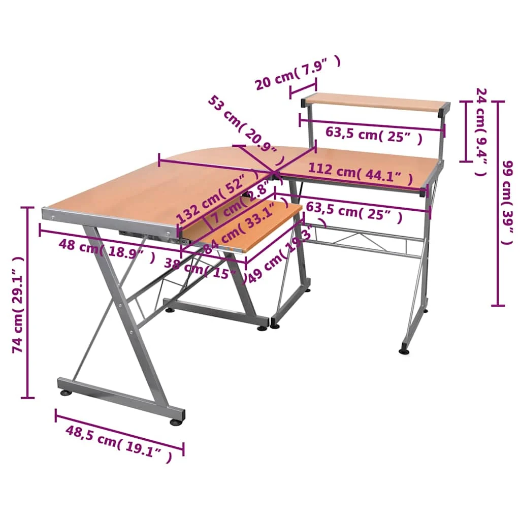 Bureau d'ordinateur d'angle 132 x 112 x 99 cm marron bois d'ingénierie – vue de dos