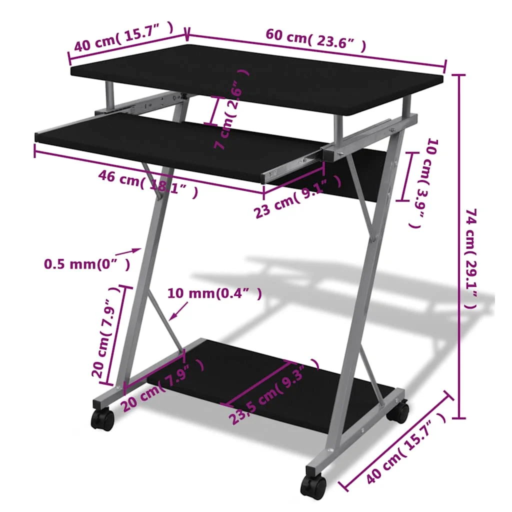 Bureau d'ordinateur compact avec plateau à clavier 40 x 74 x 60 cm noir acier – vue de dessus