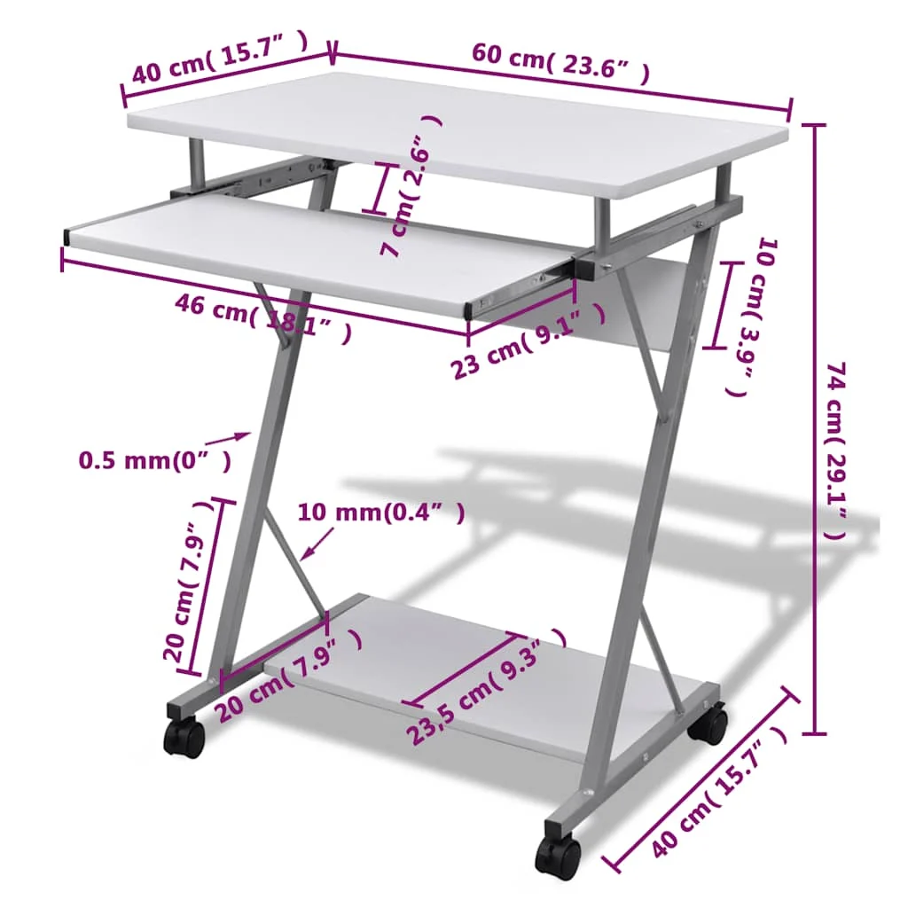 Bureau d'ordinateur compact avec plateau à clavier 60 x 40 x 74 cm blanc acier – vue de dessus