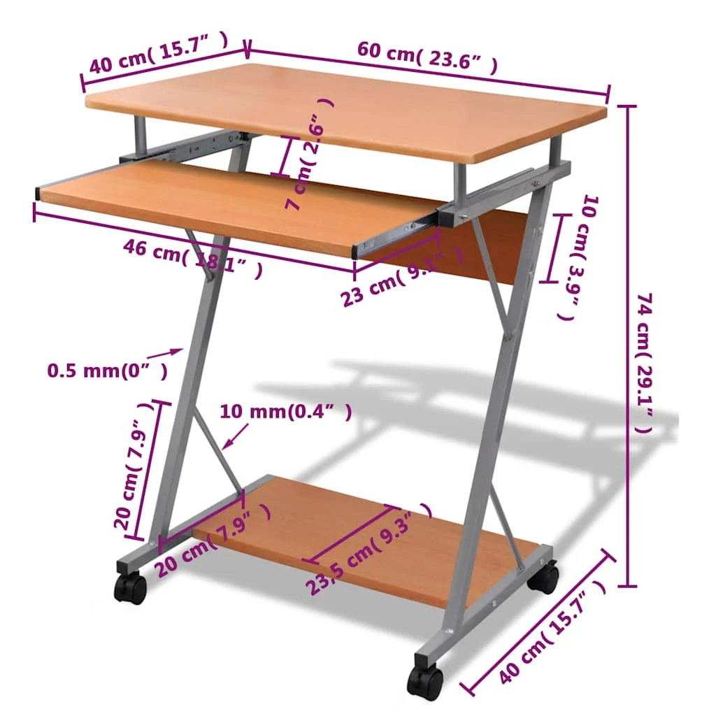 Bureau d'ordinateur avec plateau à clavier coulissant 60 x 40 x 74 cm marron acier – vue de dessus