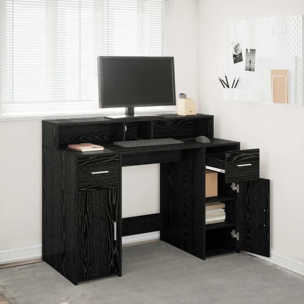 Bureau avec porte 120 x 55 x 91 cm chêne noir bois d'ingénierie – vue d’ensemble