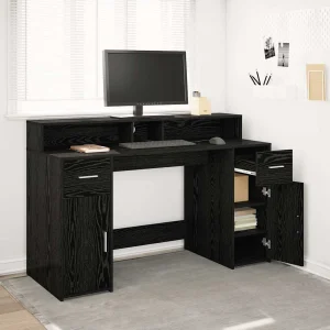 Bureau avec porte 140 x 55 x 91 cm chêne noir bois d'ingénierie – vue d’ensemble