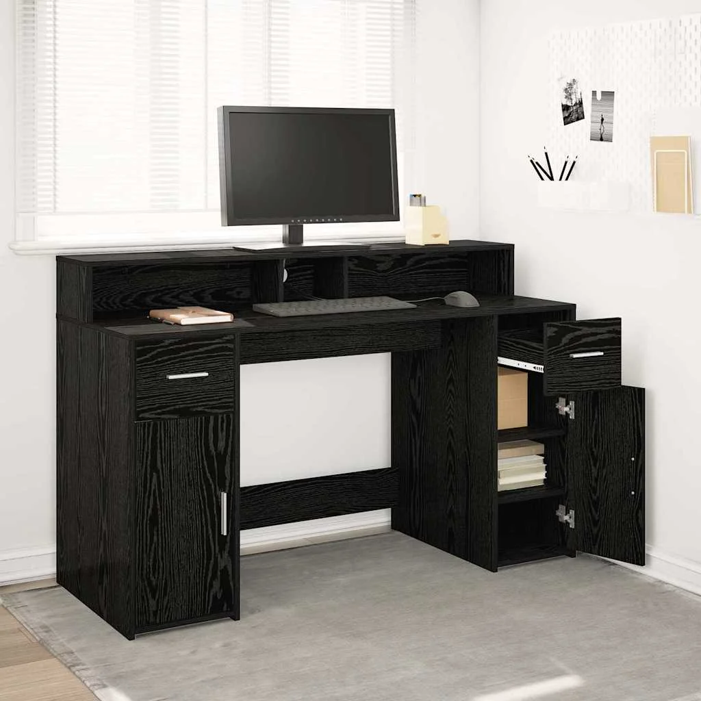 Bureau avec porte 140 x 55 x 91 cm chêne noir bois d'ingénierie – vue d’ensemble