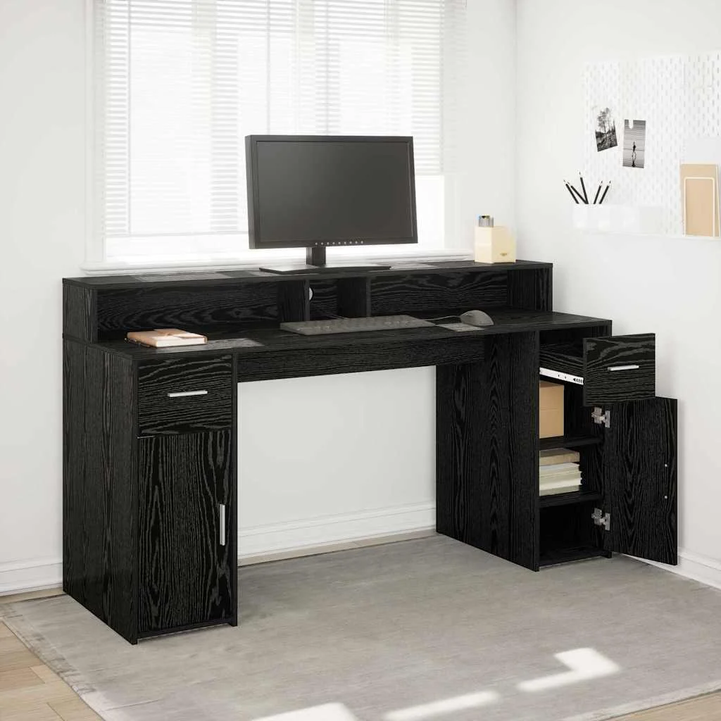 Bureau avec porte 160 x 55 x 91 cm chêne noir bois d'ingénierie – vue d’ensemble