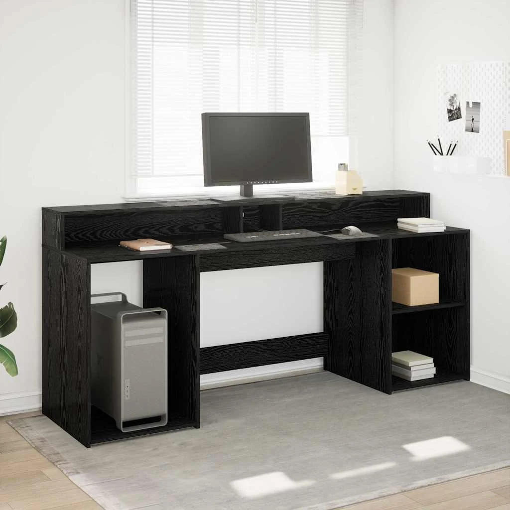 Bureau avec porte 200 x 55 x 91 cm chêne noir bois d'ingénierie – vue d’ensemble