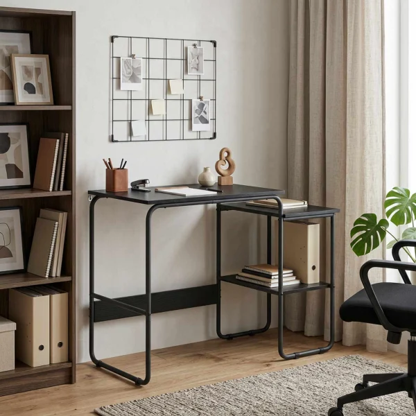 Bureau avec rangement 100 x 50 x 75 cm chêne noir bois d'ingénierie – vue d’ensemble