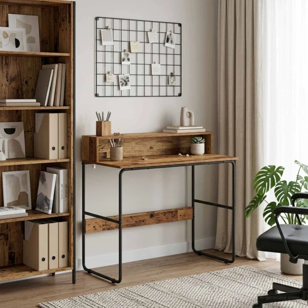 Bureau avec rangement 100 x 50 x 91 cm bois ancien bois d'ingénierie – vue d’ensemble