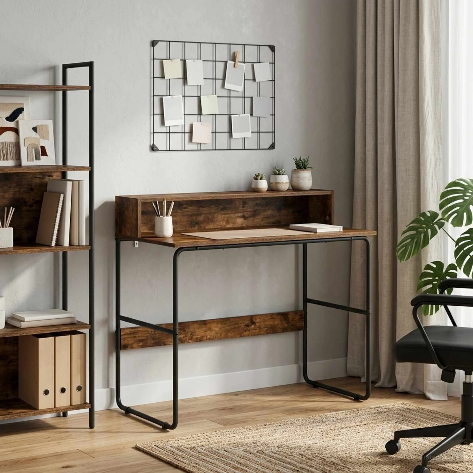 Bureau avec rangement 100 x 50 x 91 cm chêne fumé bois d'ingénierie – vue d’ensemble