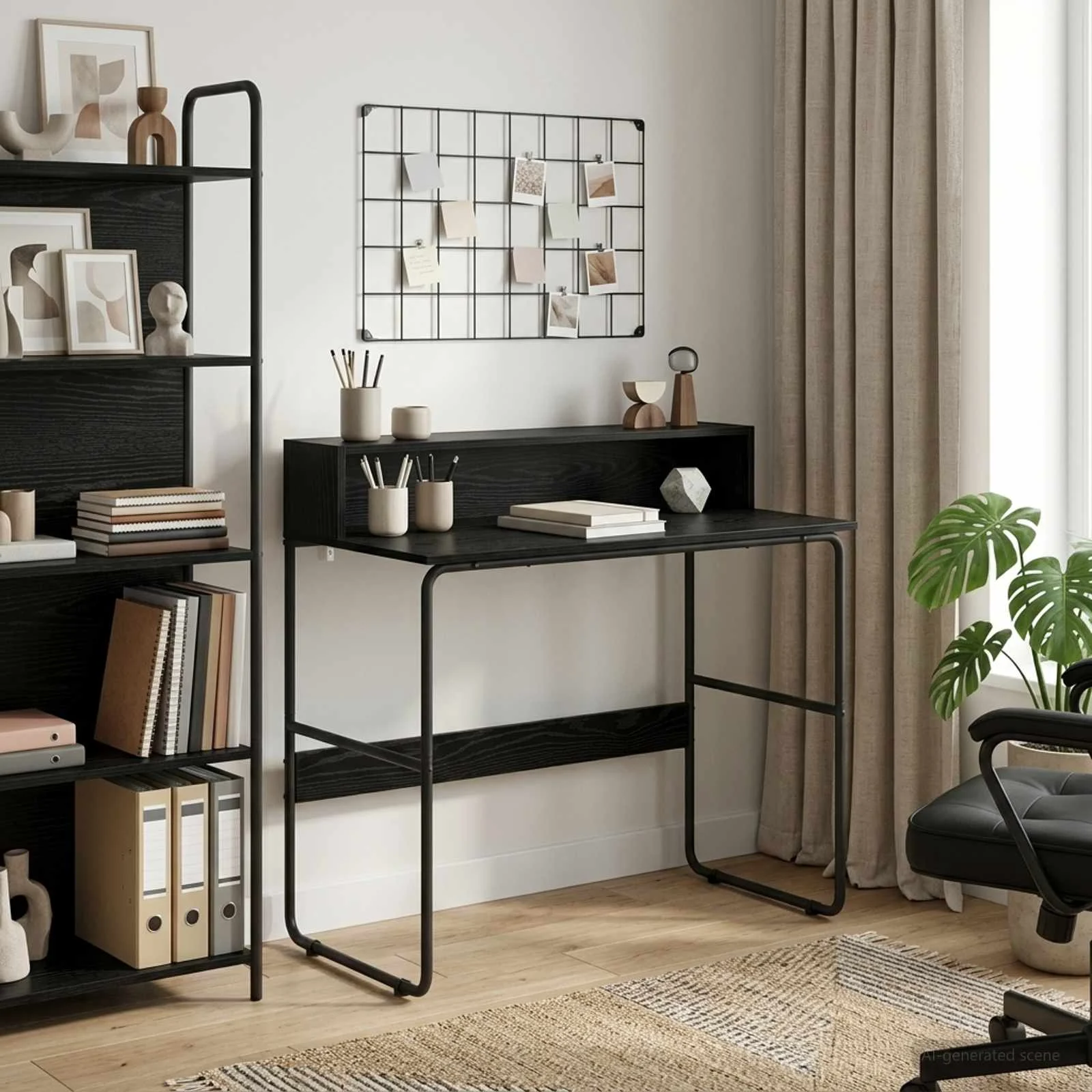 Bureau avec rangement 100 x 50 x 91 cm chêne noir bois d'ingénierie – vue d’ensemble