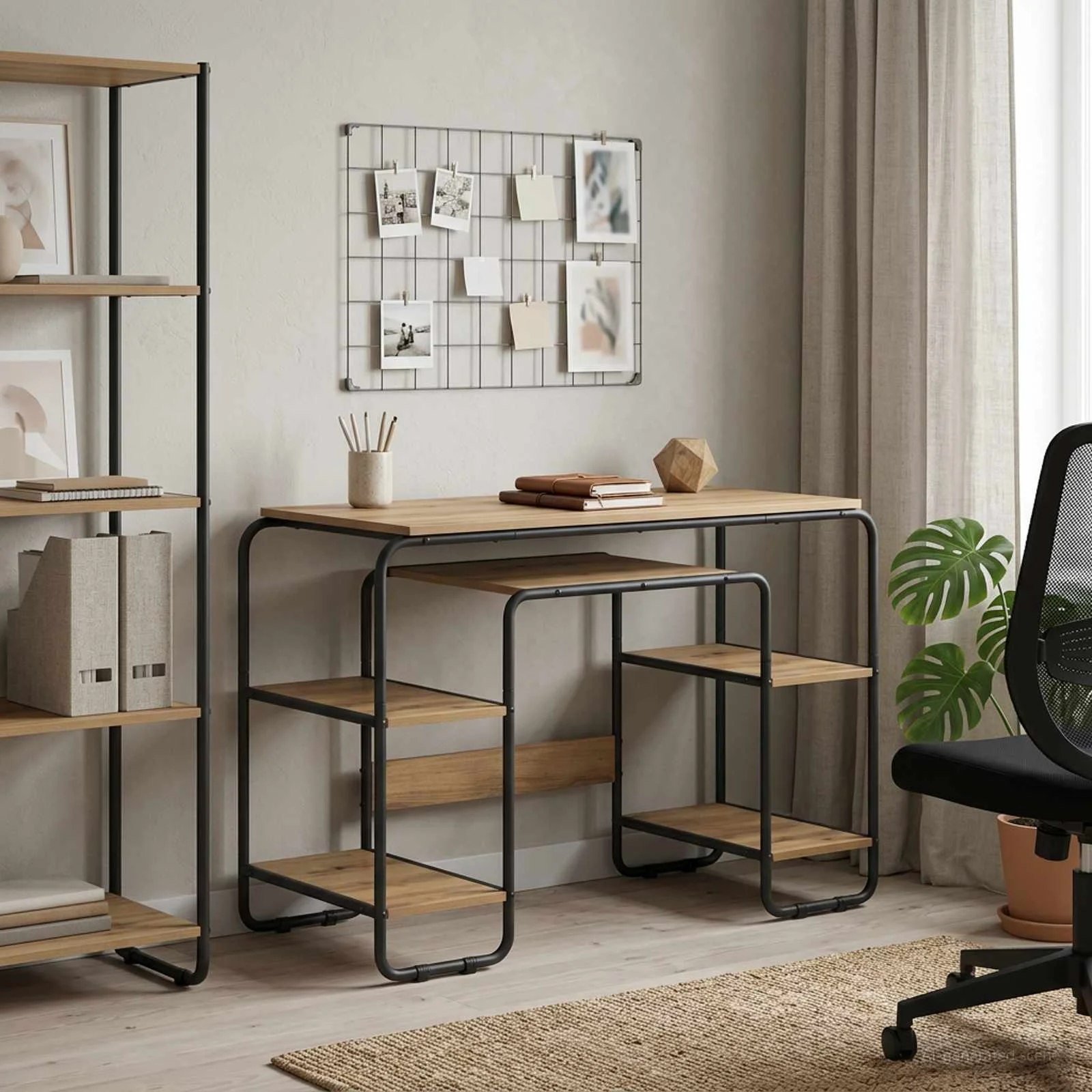 Bureau avec rangement 113,5 x 52 x 75,5 cm chêne artisanal bois d'ingénierie – vue d’ensemble