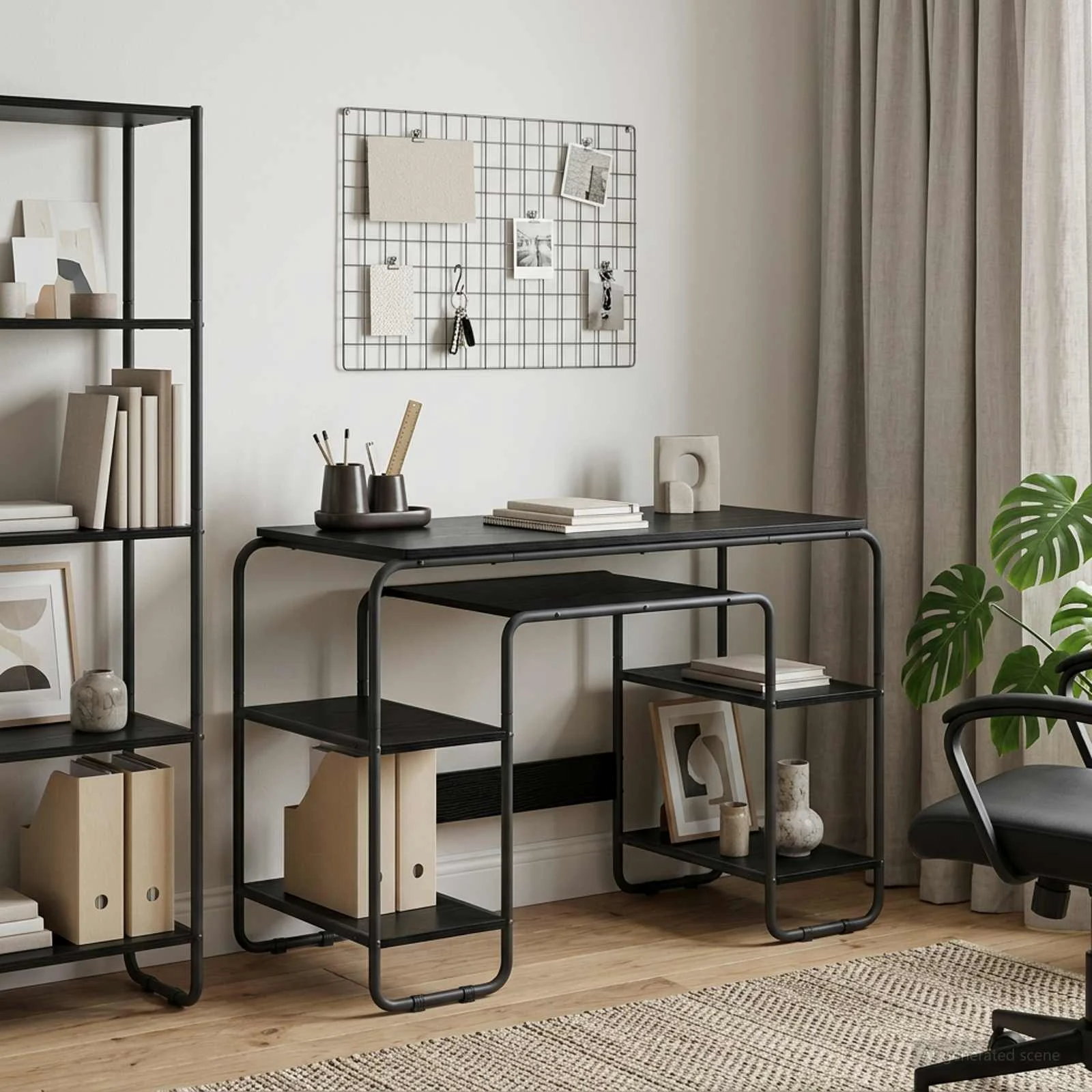 Bureau avec rangement 113,5 x 52 x 75,5 cm chêne noir bois d'ingénierie – vue d’ensemble